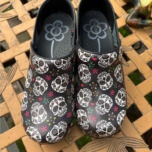 Sanita Black and White Floral Clogs